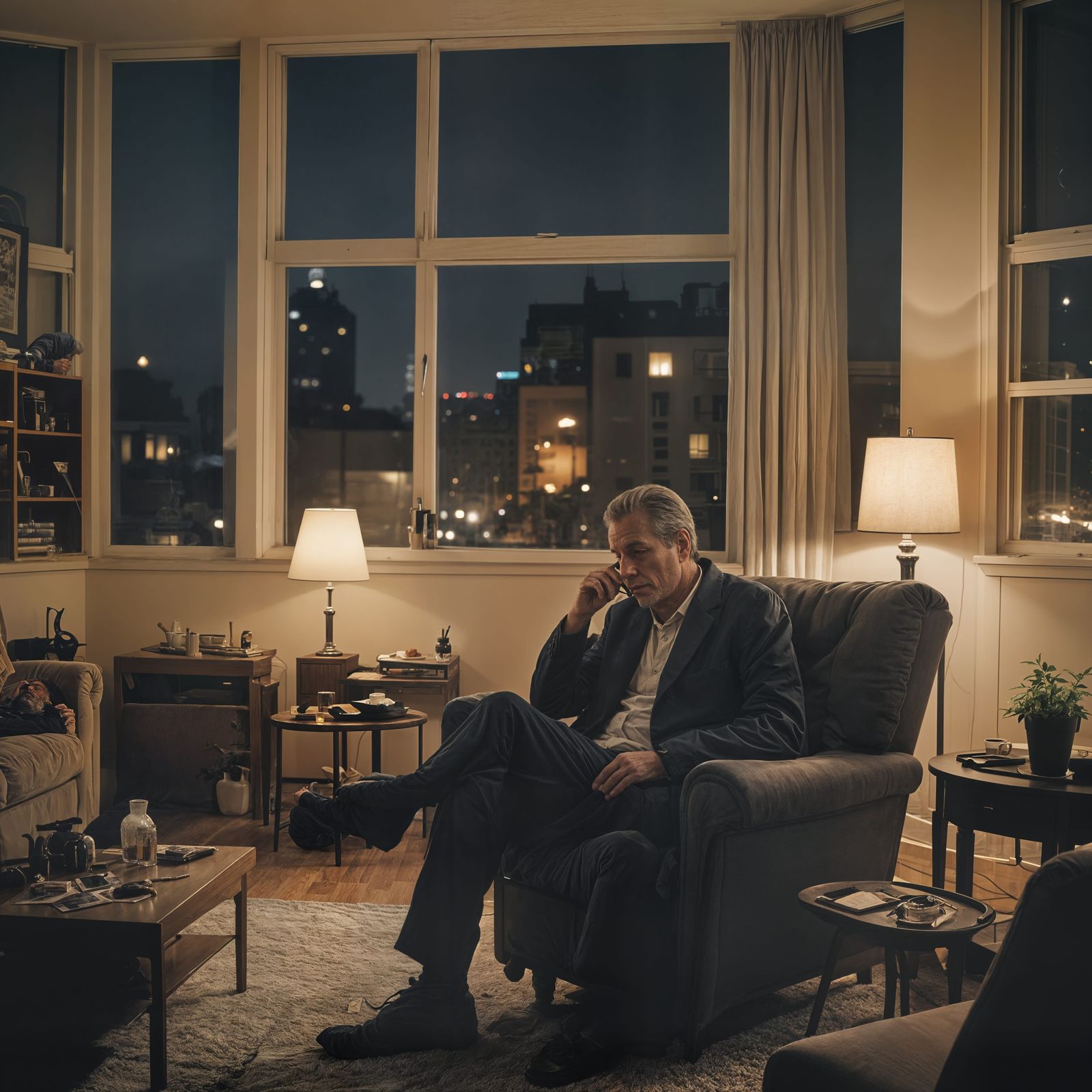 Slumped in a Chair: Night Cityscape View