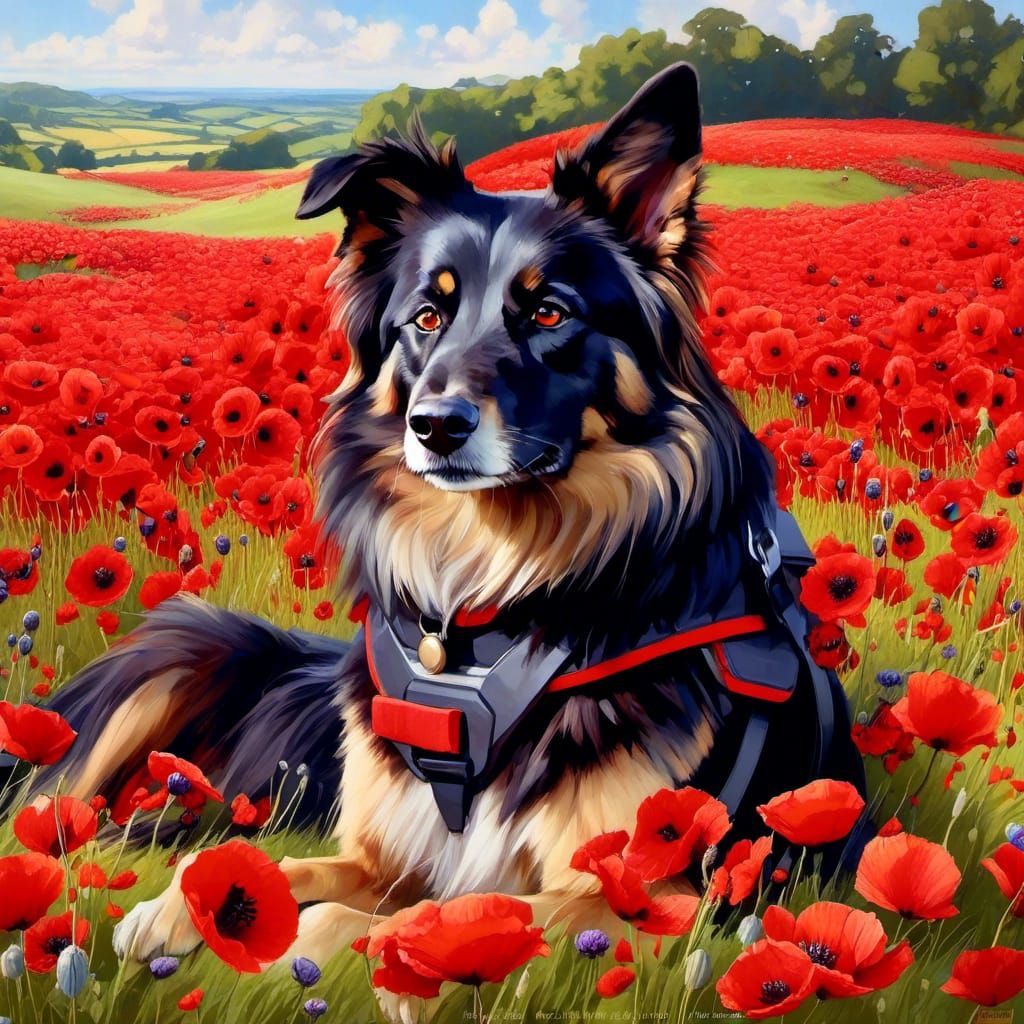 Hachi in a field of Poppies