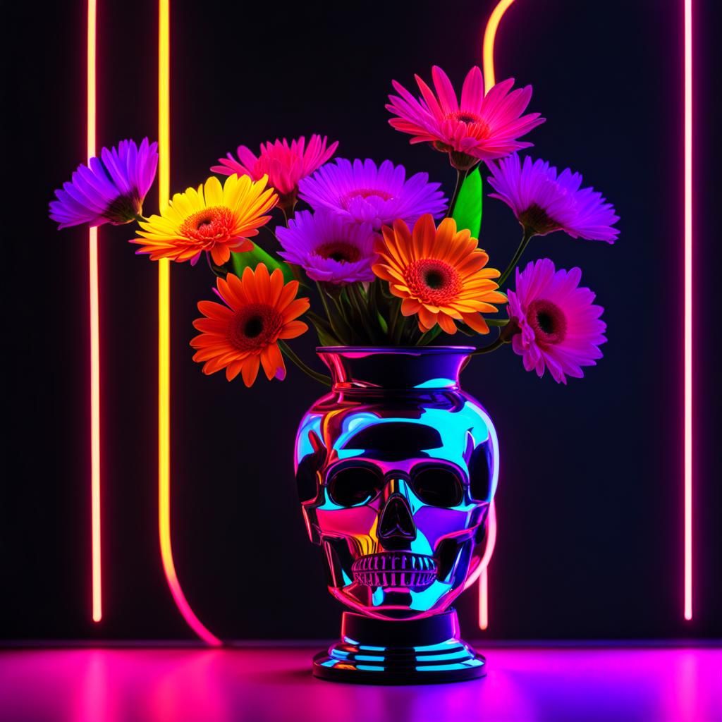 Cyberpunk Ninja Neon Flower Vase Still Life