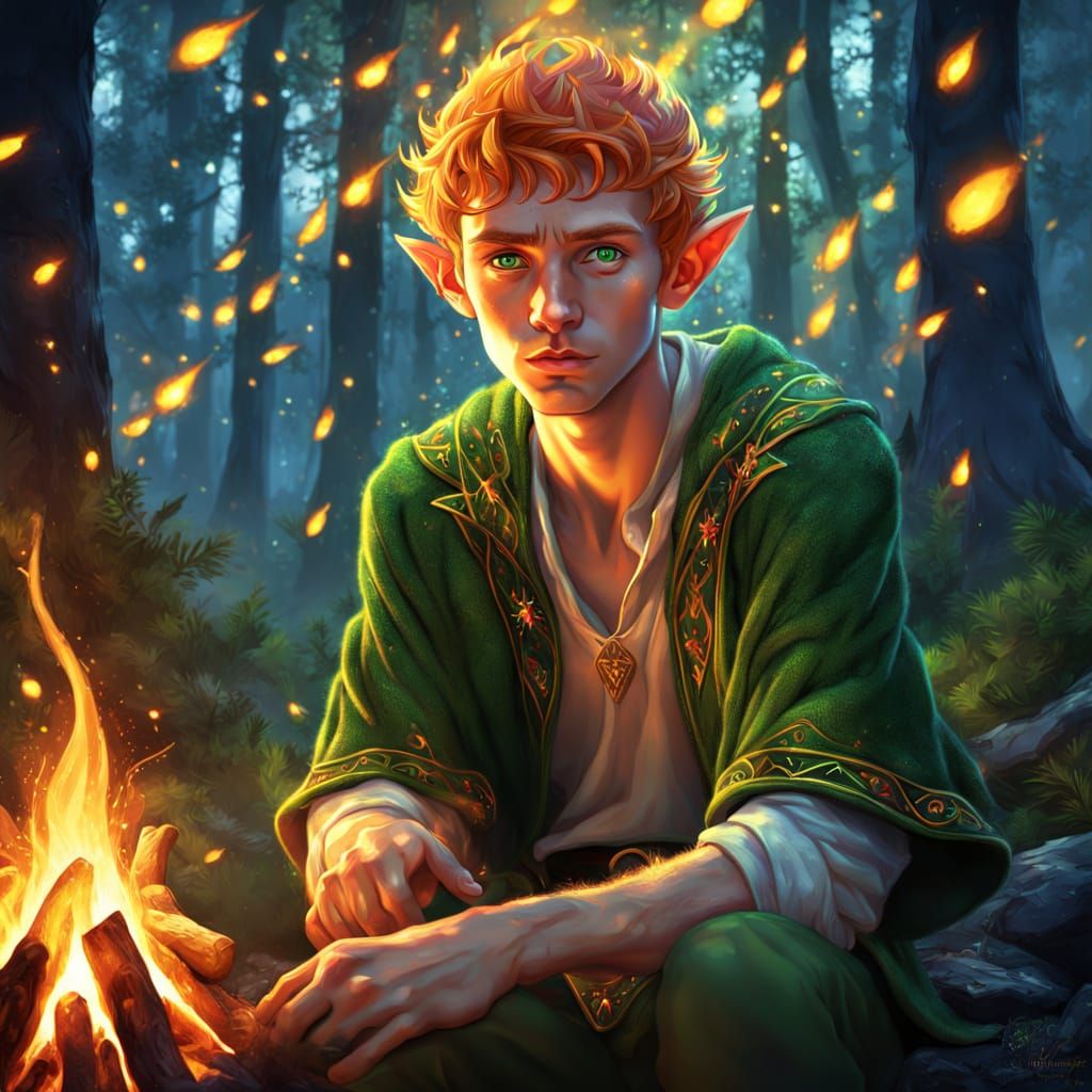 Fantasy Anime Elf Portrait by Campfire in Splash Art Style