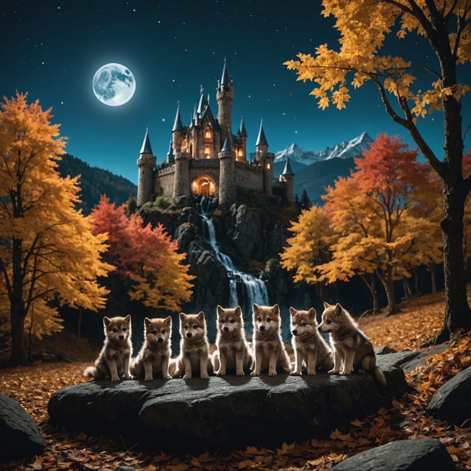 Wolf Pups Play in Enchanted Autumn Forest