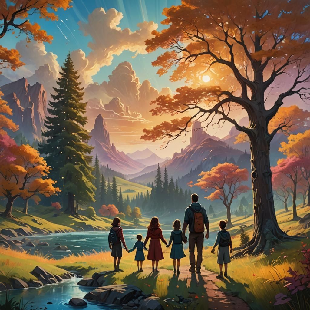 Family in Dreamlike Forest: Neo-Impressionist Matte Painting