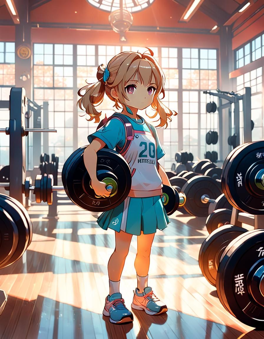 Anime Style: Girl Lifting Weights in Gym