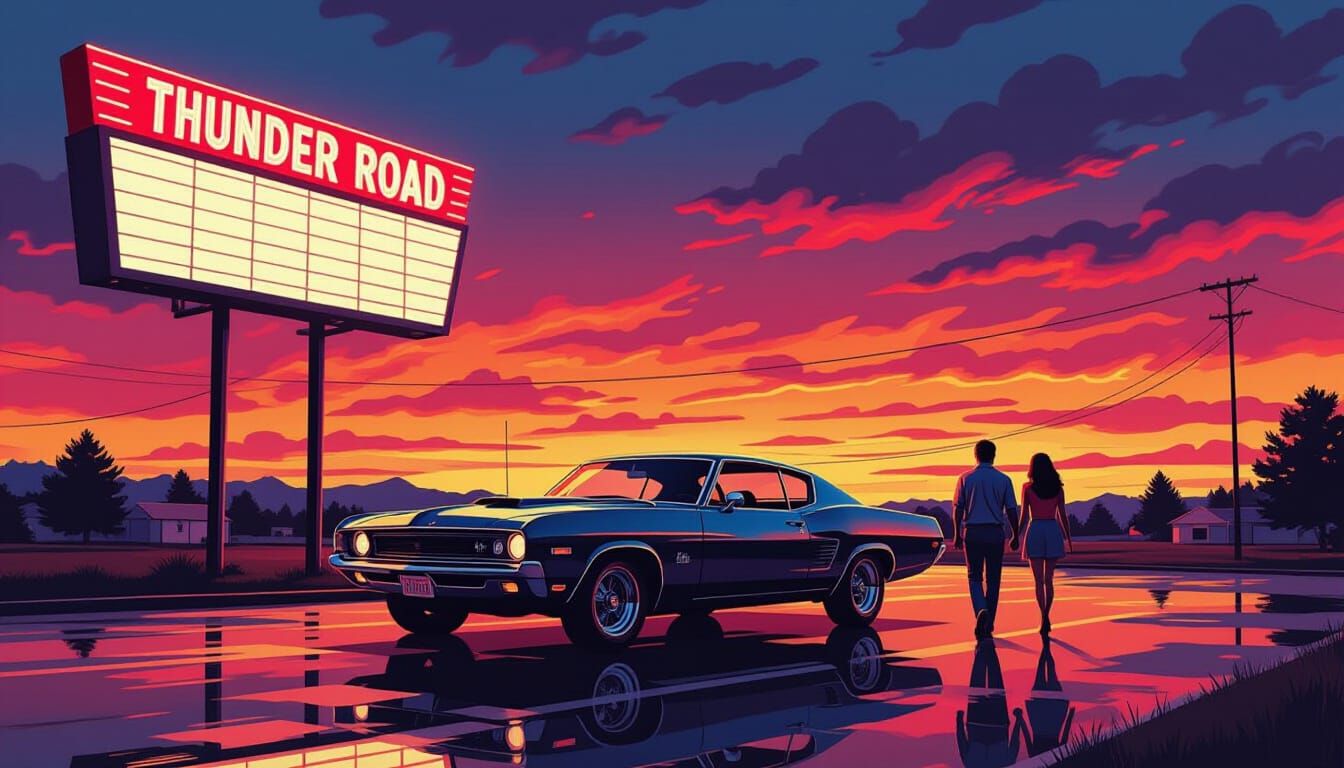 1960s Muscle Car at Drive-In Under Neon Marquee