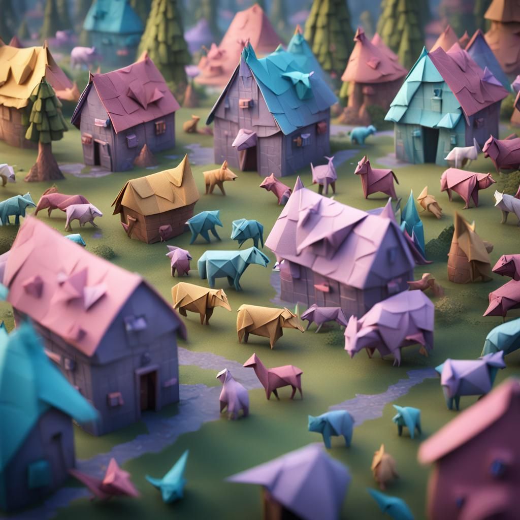Pastel Origami Animals Attack Village: Fantasy Art