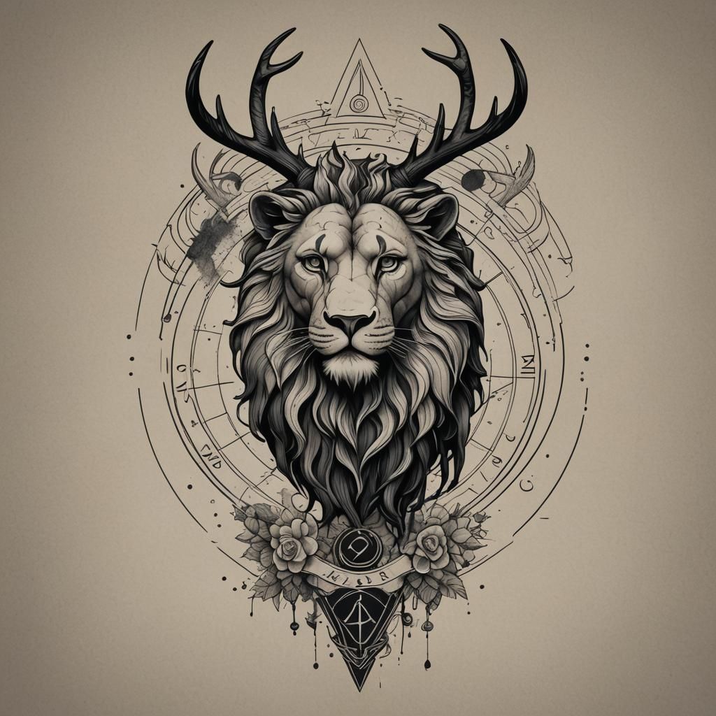 Minimalist Tattoo Design with Greek Statue and Lion