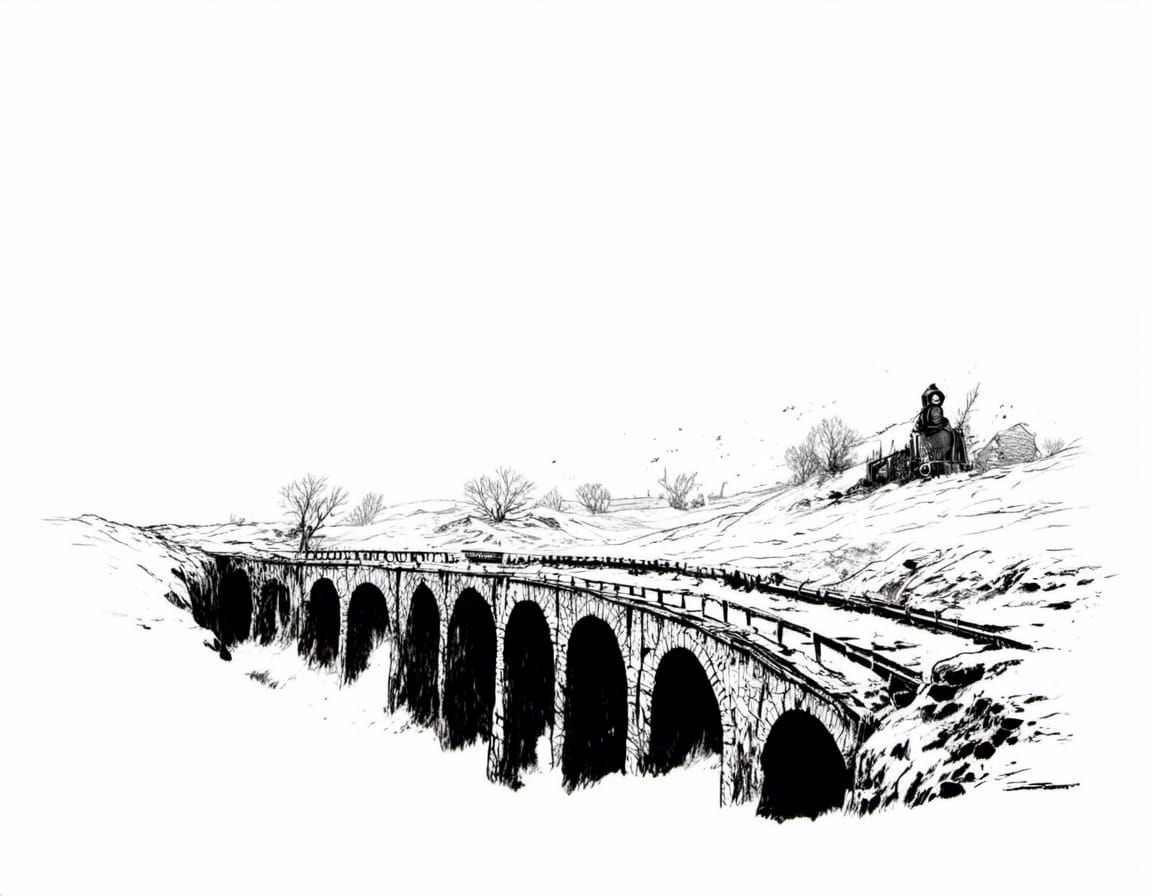 <lora:Macabre:1.0> Steam Train crossing stone arched bridge Mark Brooks and Dan Mumford, comic book art, perfect, smooth