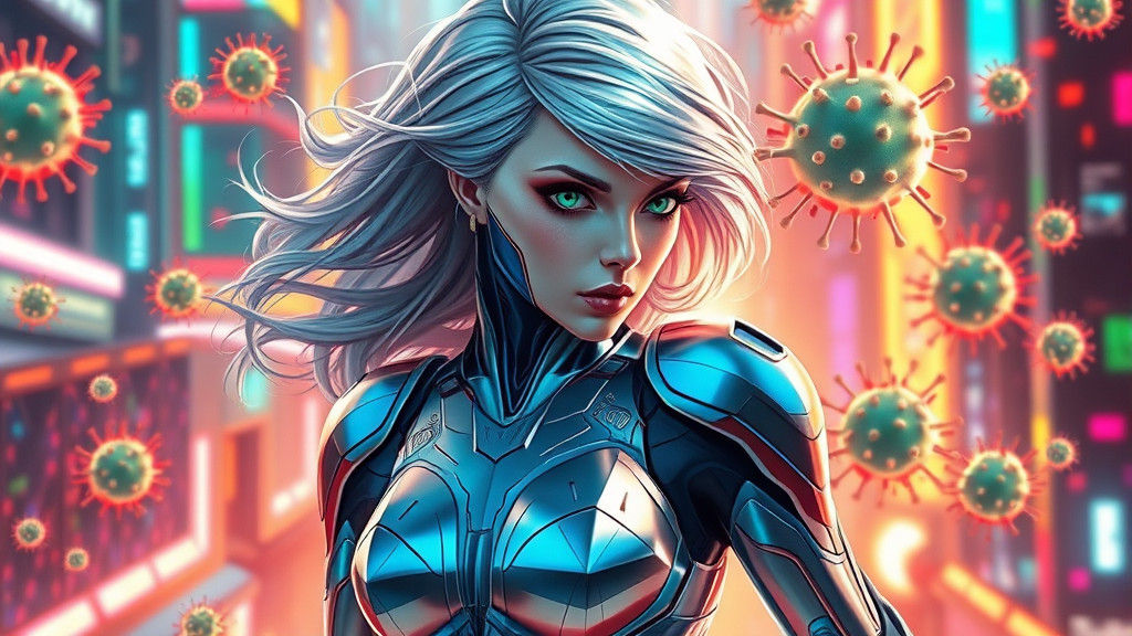 Android Supergirl Flees Virus Swarm in Cyberpunk Cityscape
