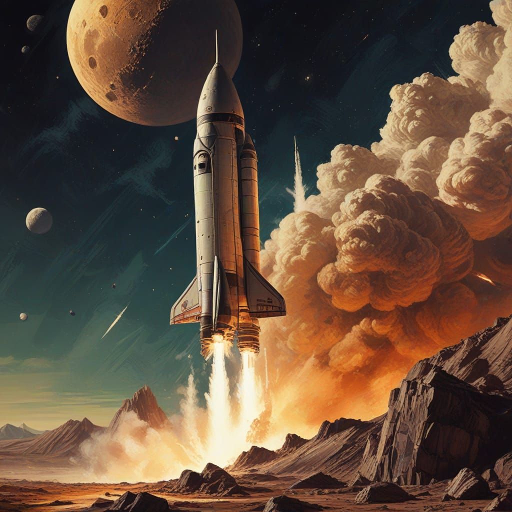 Retro Sci-Fi Rocket Launch: Oil Painting Style