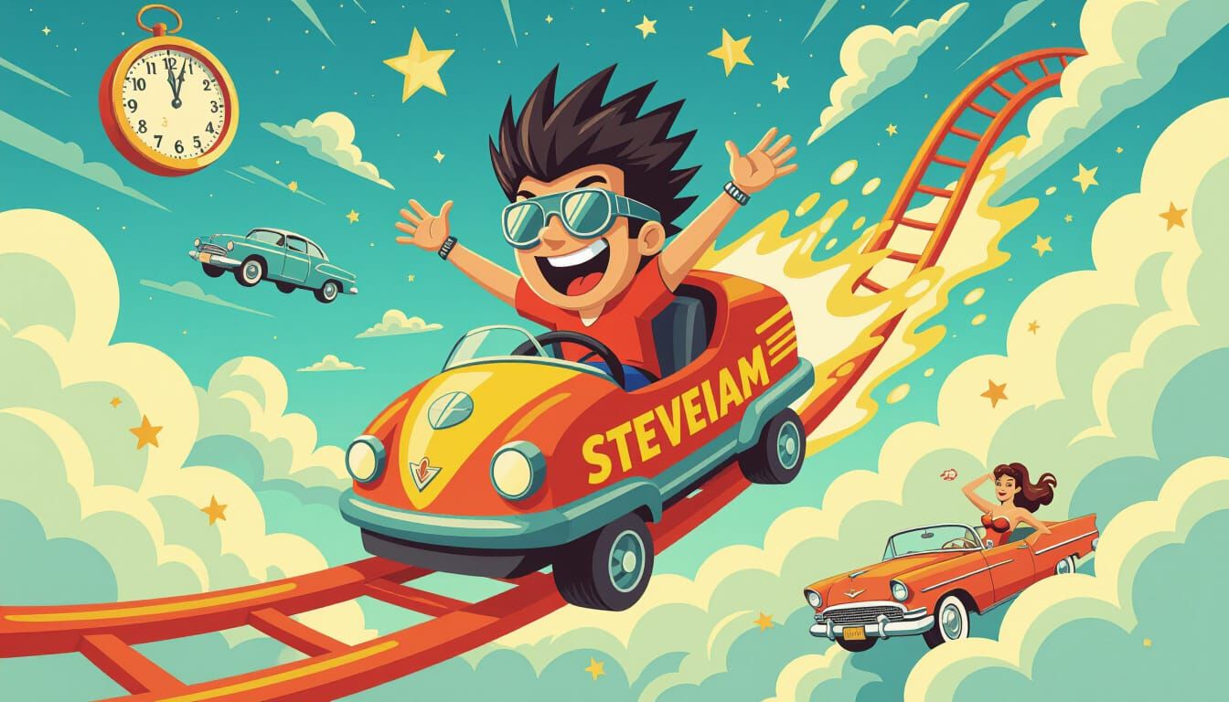 Cartoon Character Steveiam Rides Surreal Sky Rollercoaster