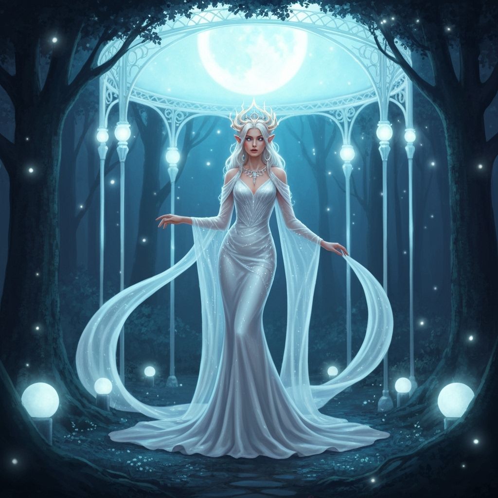 Elven Queen in Shimmering Silks Under Moonlit Canopy