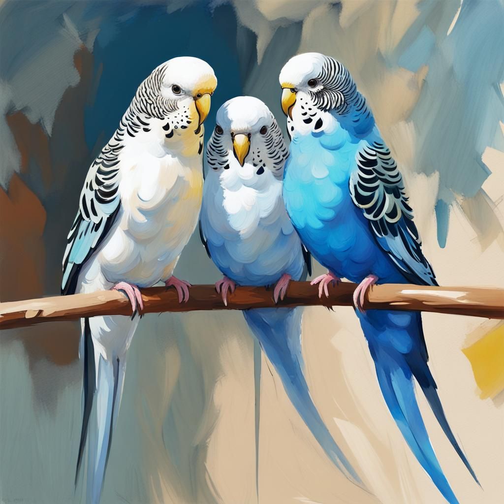 Cute Budgies in Gouache Watercolor Style