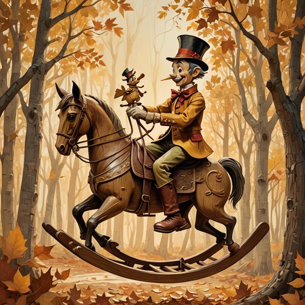Pinocchio on Rocking Horse in Folk Art Style
