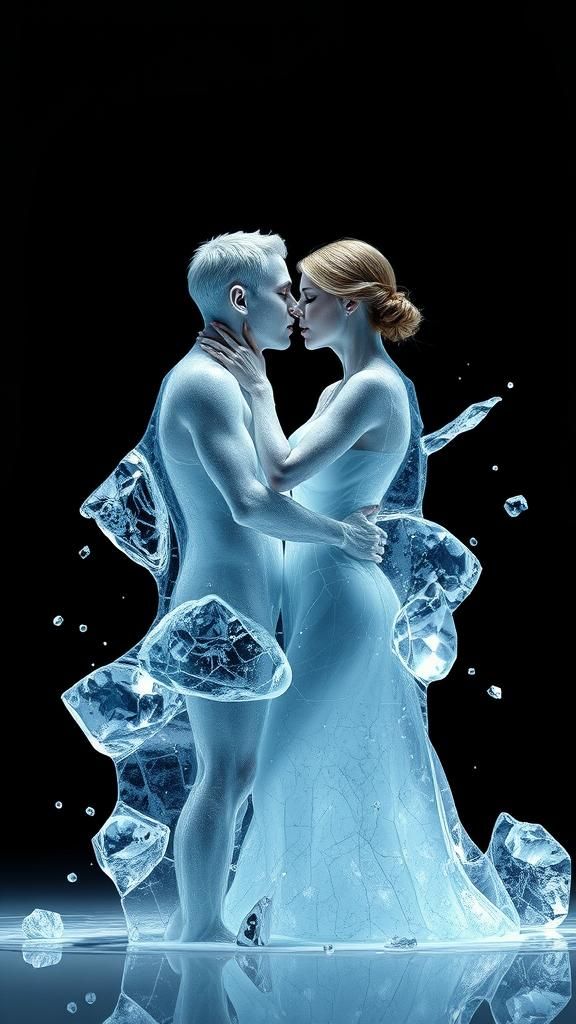 Ice full body sculpture of a man  and a woman  kissing thems...