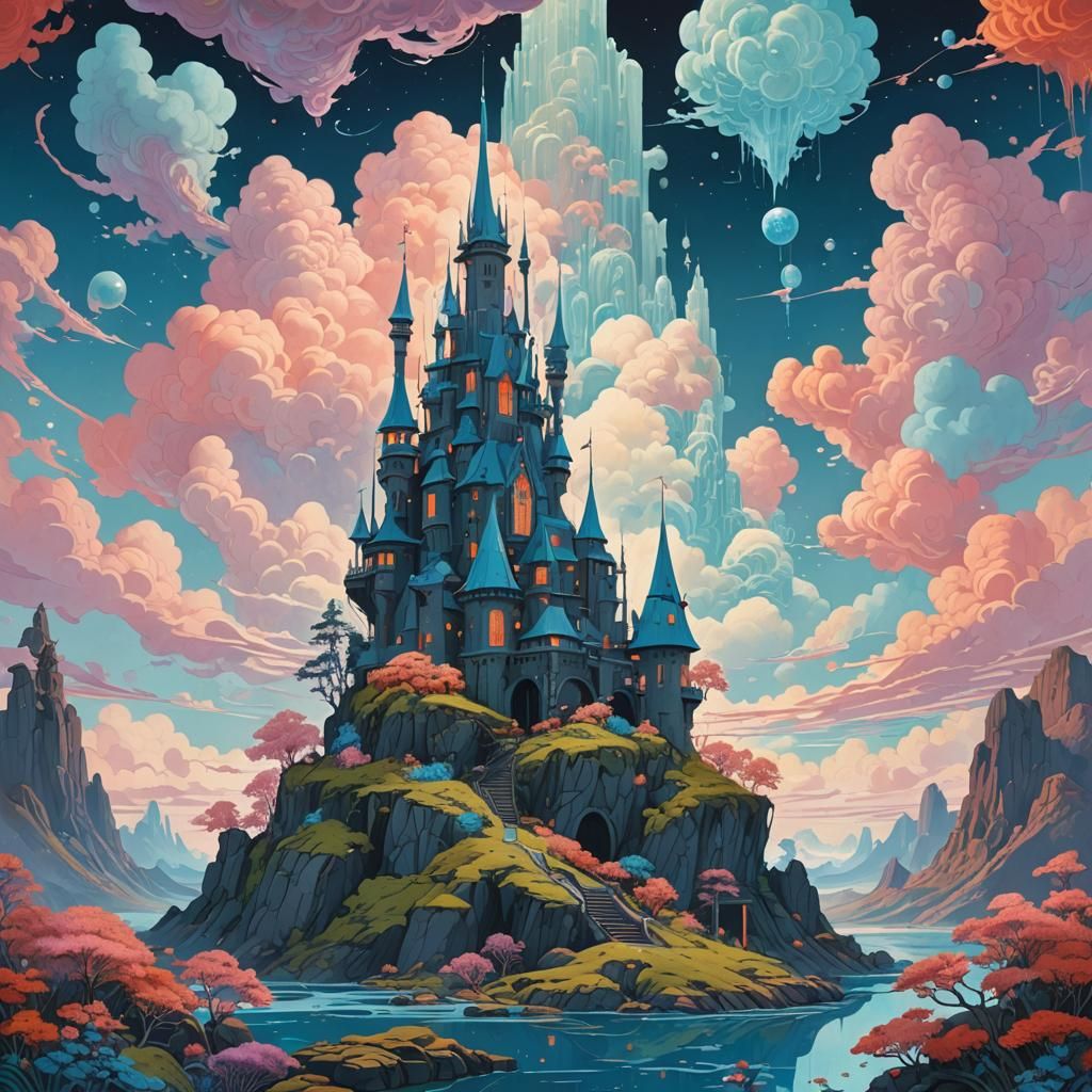 Ethereal Dreamscape with Floating Fortress in Graphic Surrea...