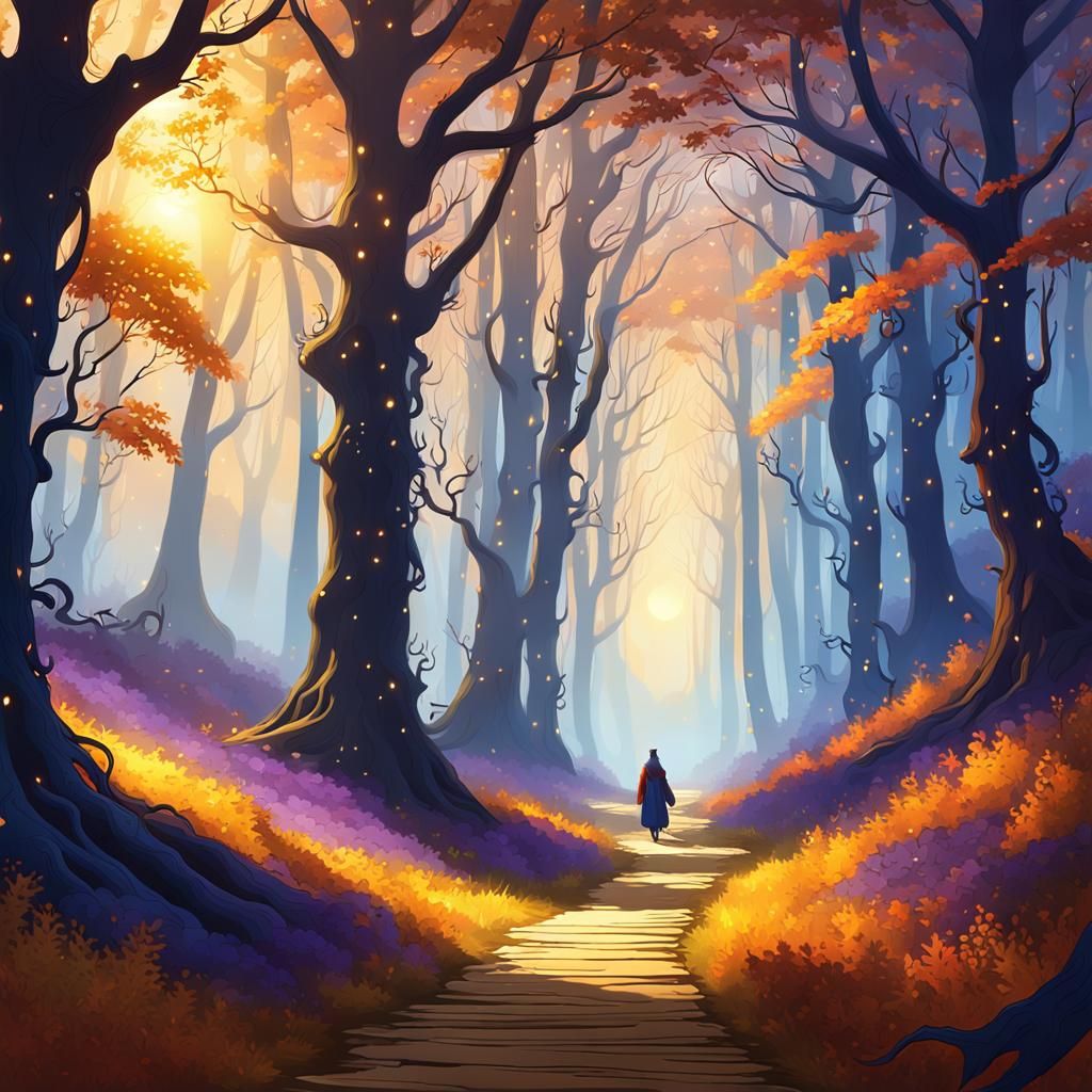 Mystic's Journey: Golden Path Through Autumn Forest