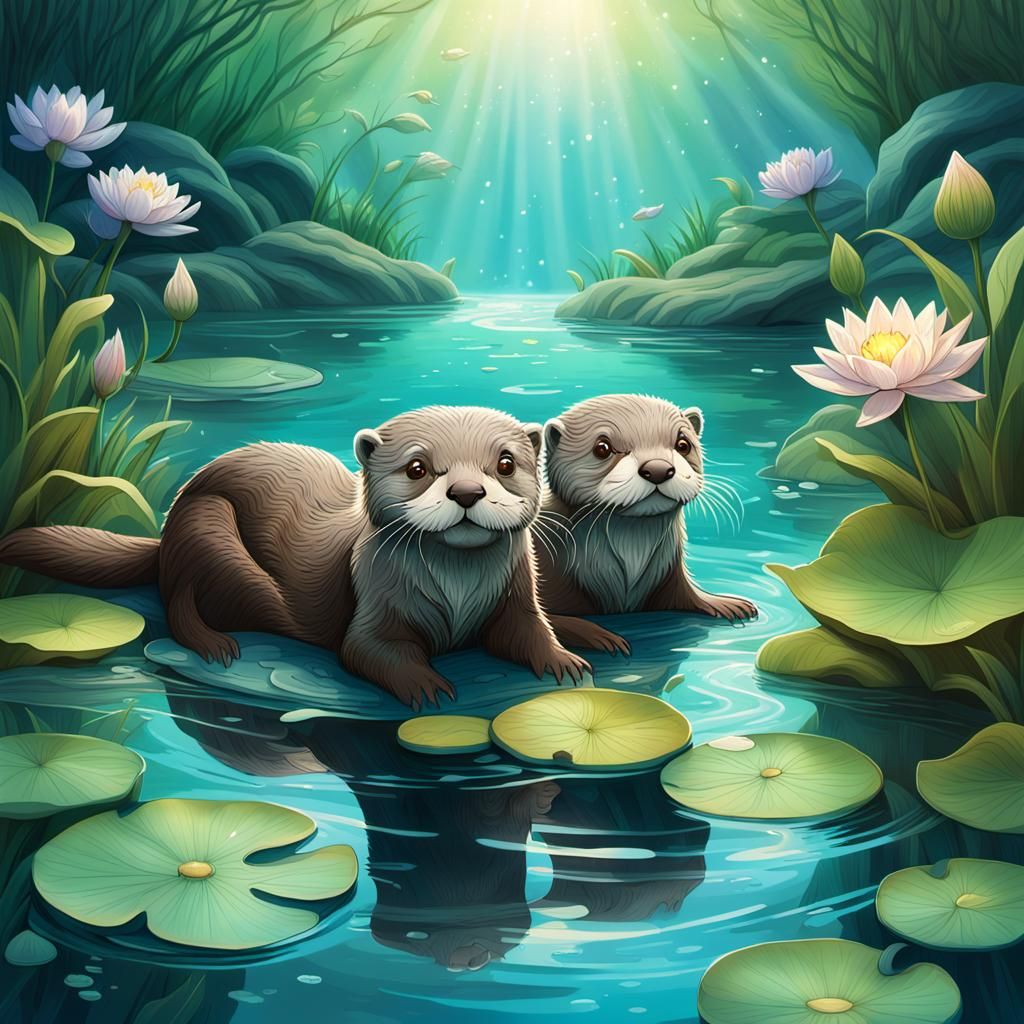 Whimsical Fantasy Otters Play in Serene River