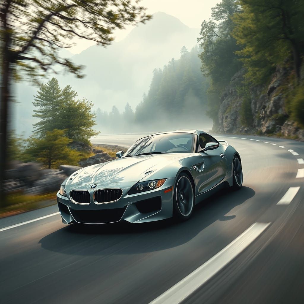 Futuristic BMW Speeds Down Winding Mountain Road in a Mixtur...