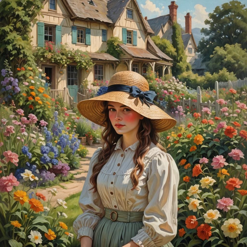 Victorian Woman in Summer Garden: Oil Painting