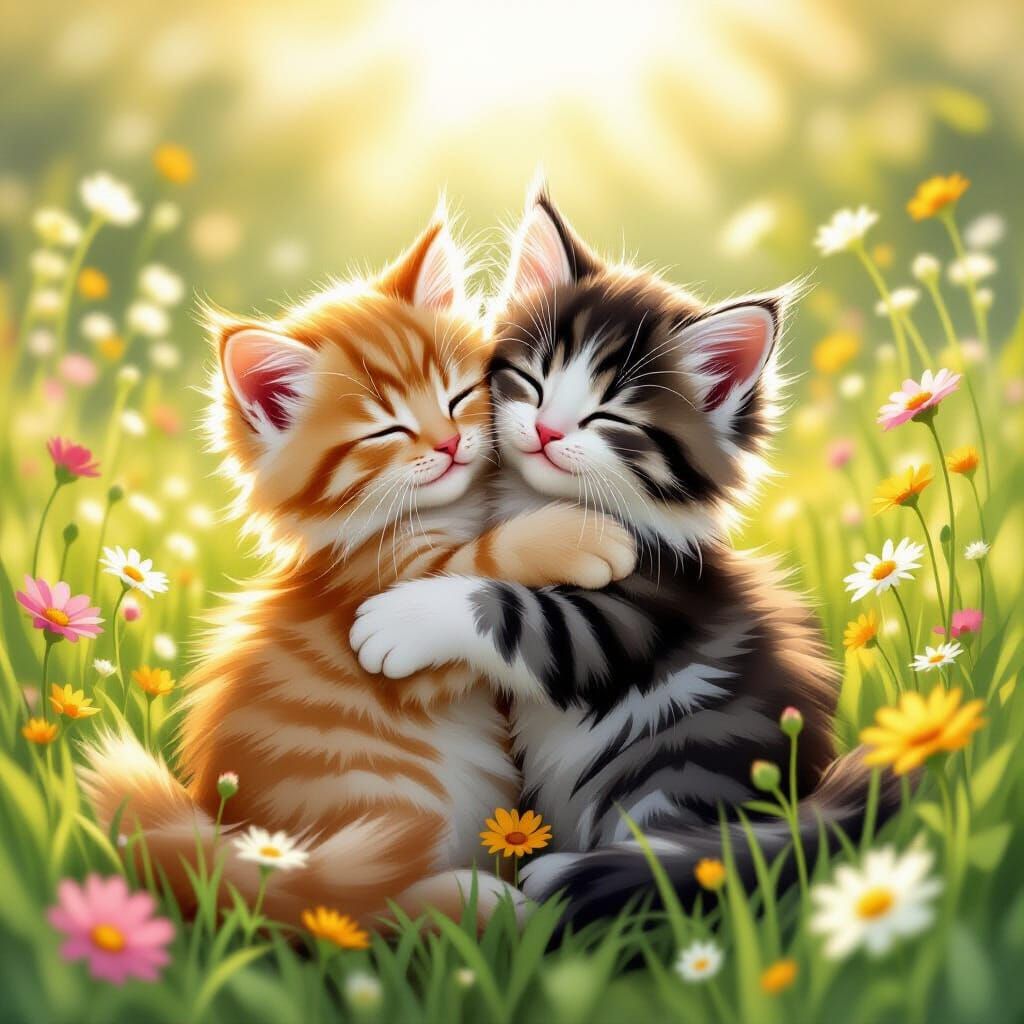 Adorable Kittens Hugging in Wildflower Meadow
