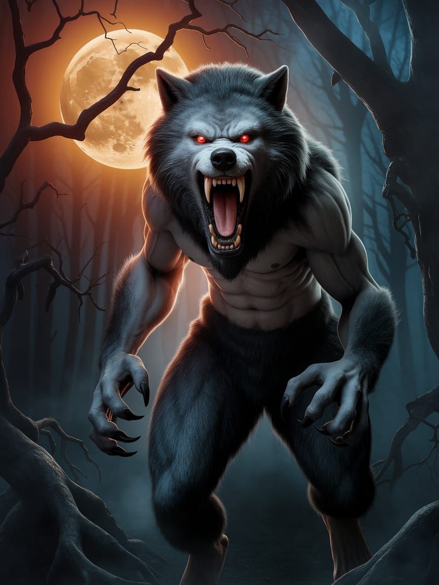 Moonlit Werewolf Emerges in Dark Forest