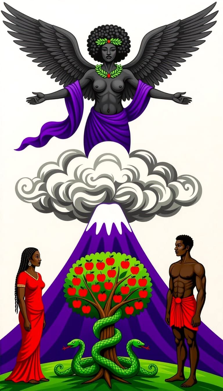 Winged Figure Above Clouds in Comic Book Style