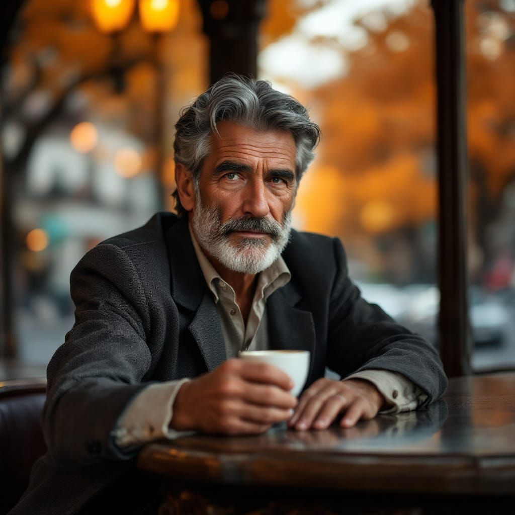 Italian Gentleman Enjoying Espresso in Autumn