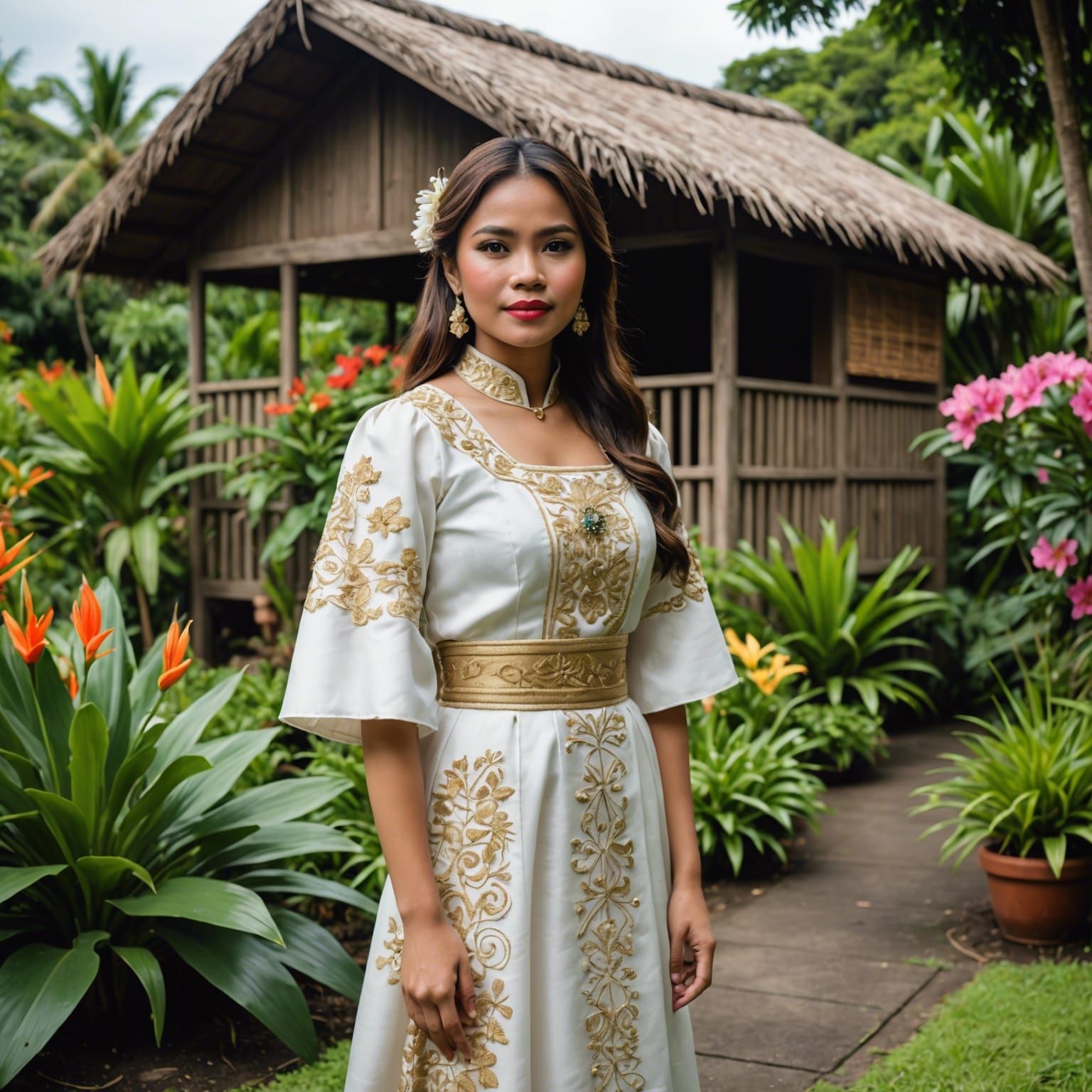A photo of a beautiful Filipina Estella Ruiz wearing a Filipiniana traditional Filipino dress in the garden with nipa hu...