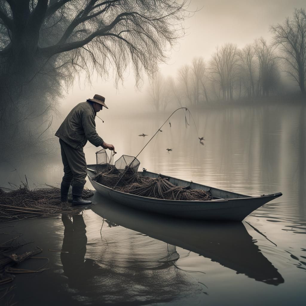 Fisherman Catches Catfish on Foggy River