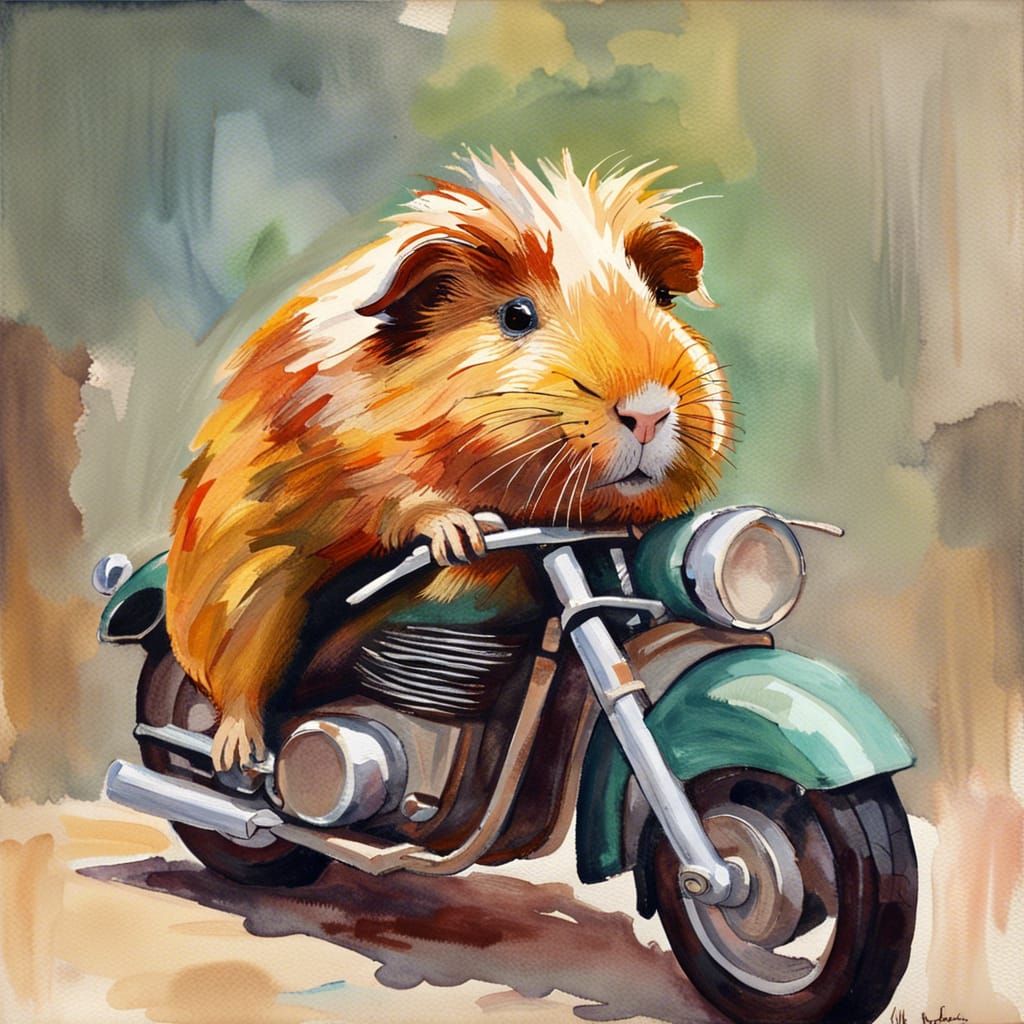 Guinea Pig on Motorbike: Gouache-Watercolor Portrait