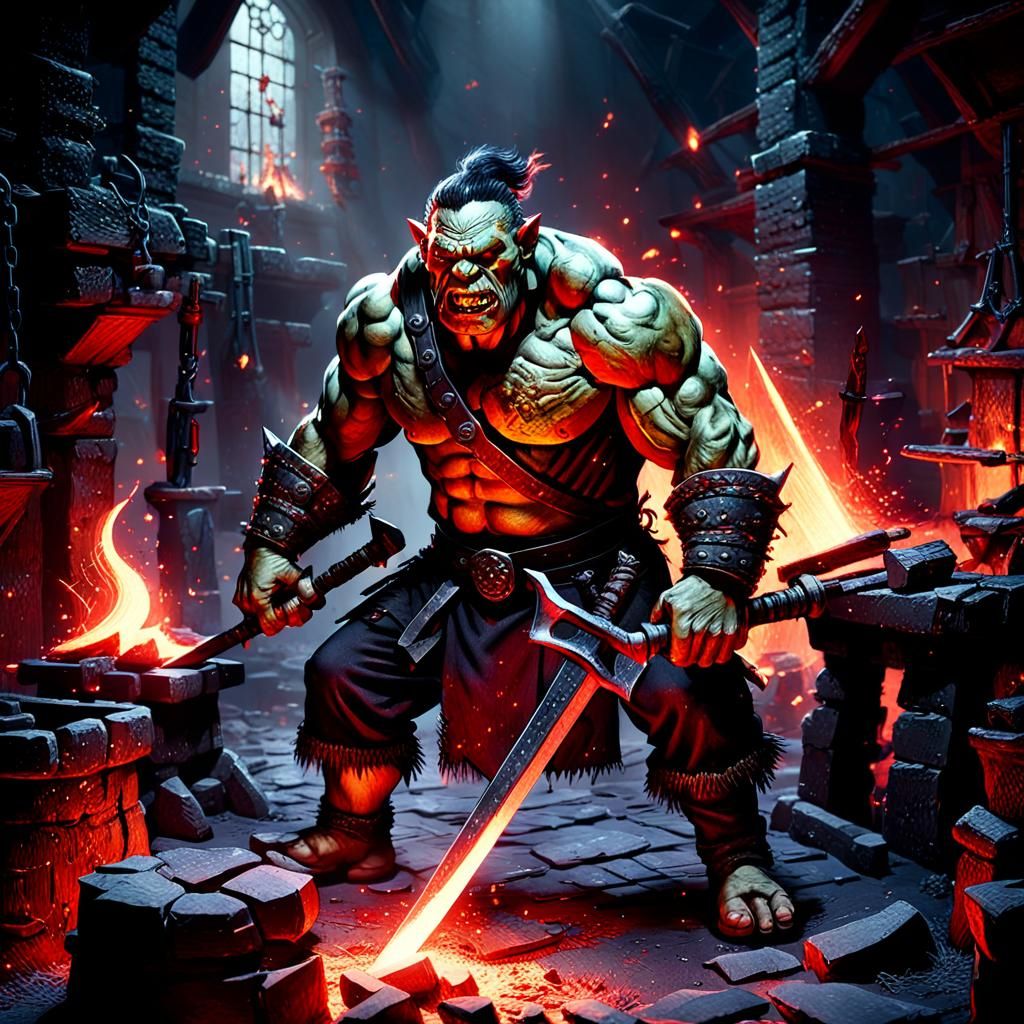 Orc Blacksmith in a Dimly Lit Forge, Fine Textures and Atmos...
