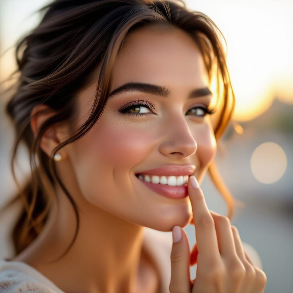 Woman Applying Makeup in Golden Hour Light