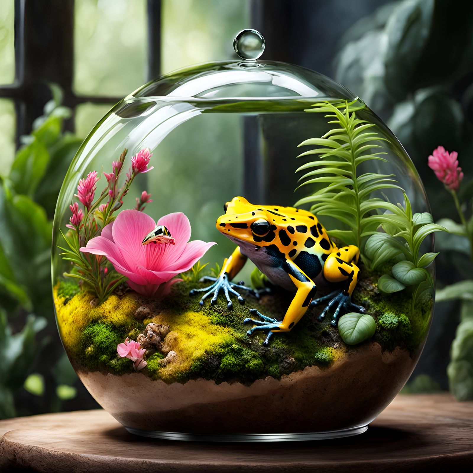 Yellow poison dart frog in a terrarium