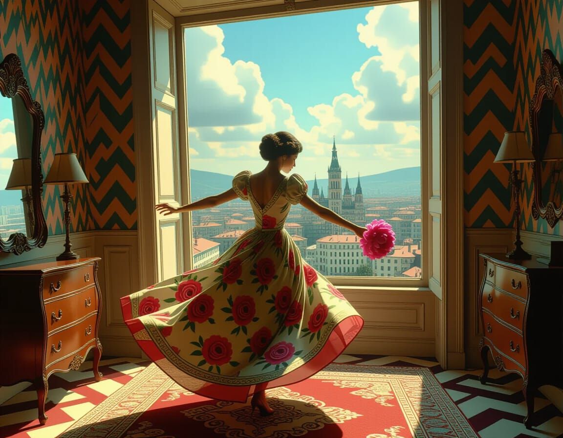 Macedonian Woman in Tilted Room: Surreal Op Art