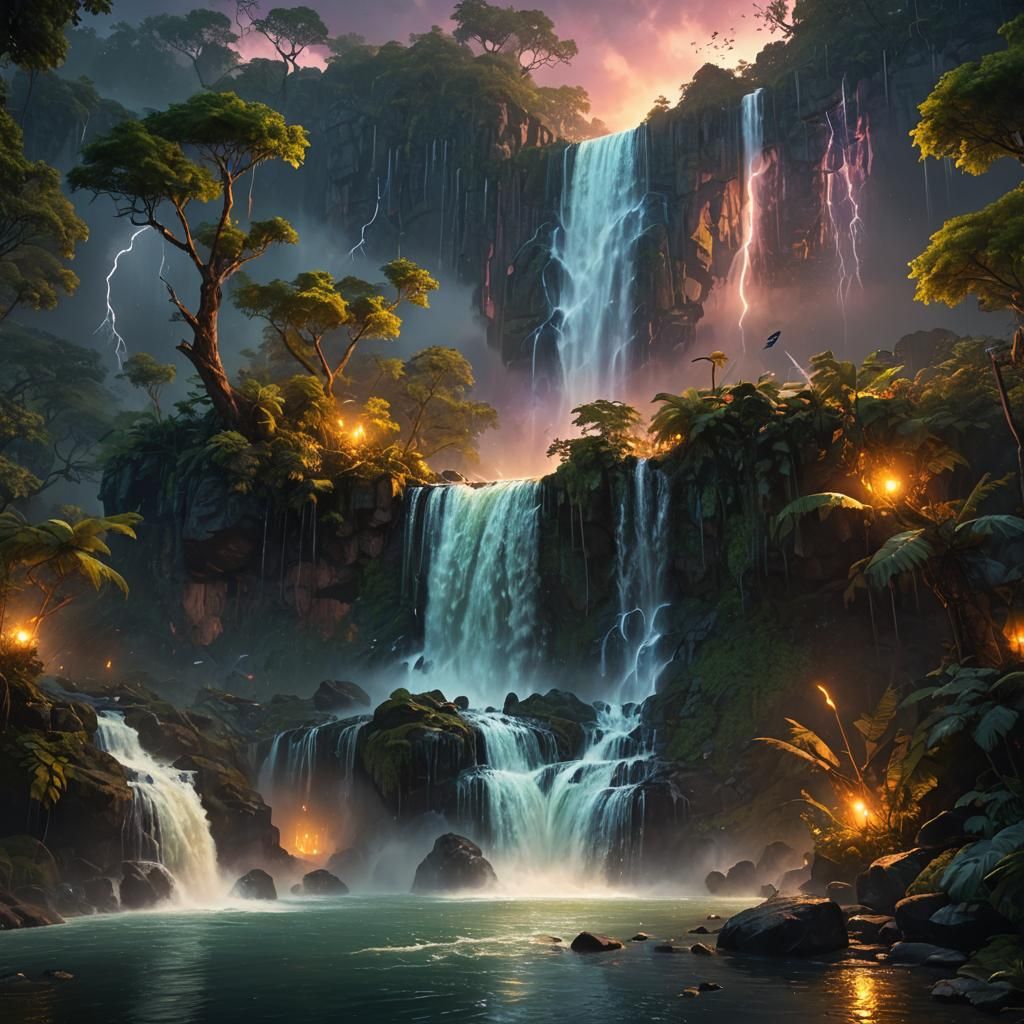 Majestic Waterfall at Sunset with Lightning