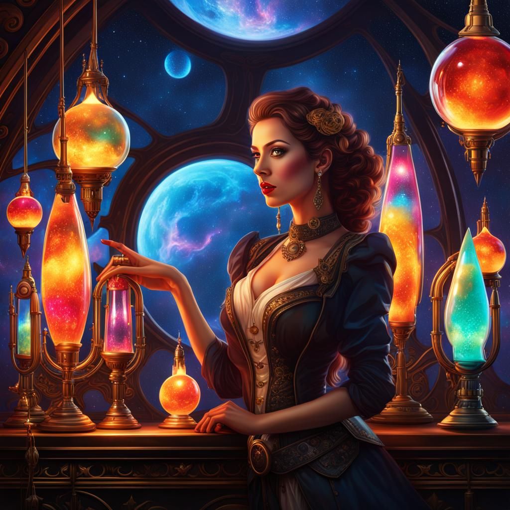 Ethereal Steampunk Woman with Retro Rocket Lava Lamps