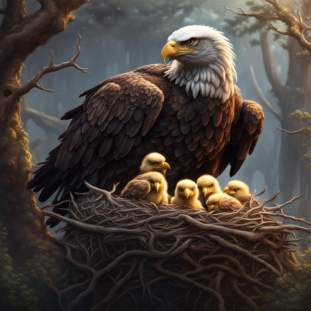 Eagle Comforting Chicks: Detailed Fantasy Art