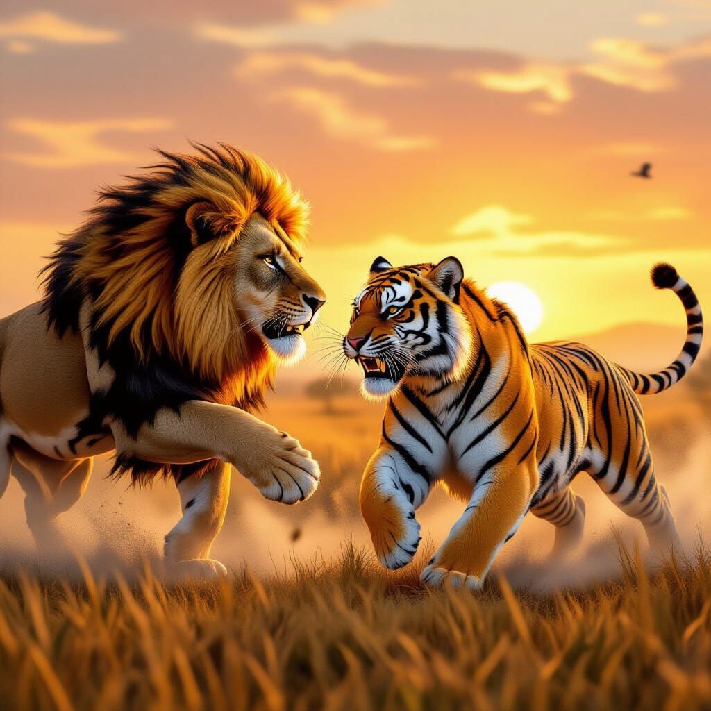 Lion and Tiger Battle on Misty Savannah