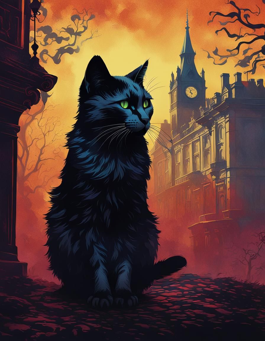 Black Cat in Gouache Fog, Victorian Edinburgh