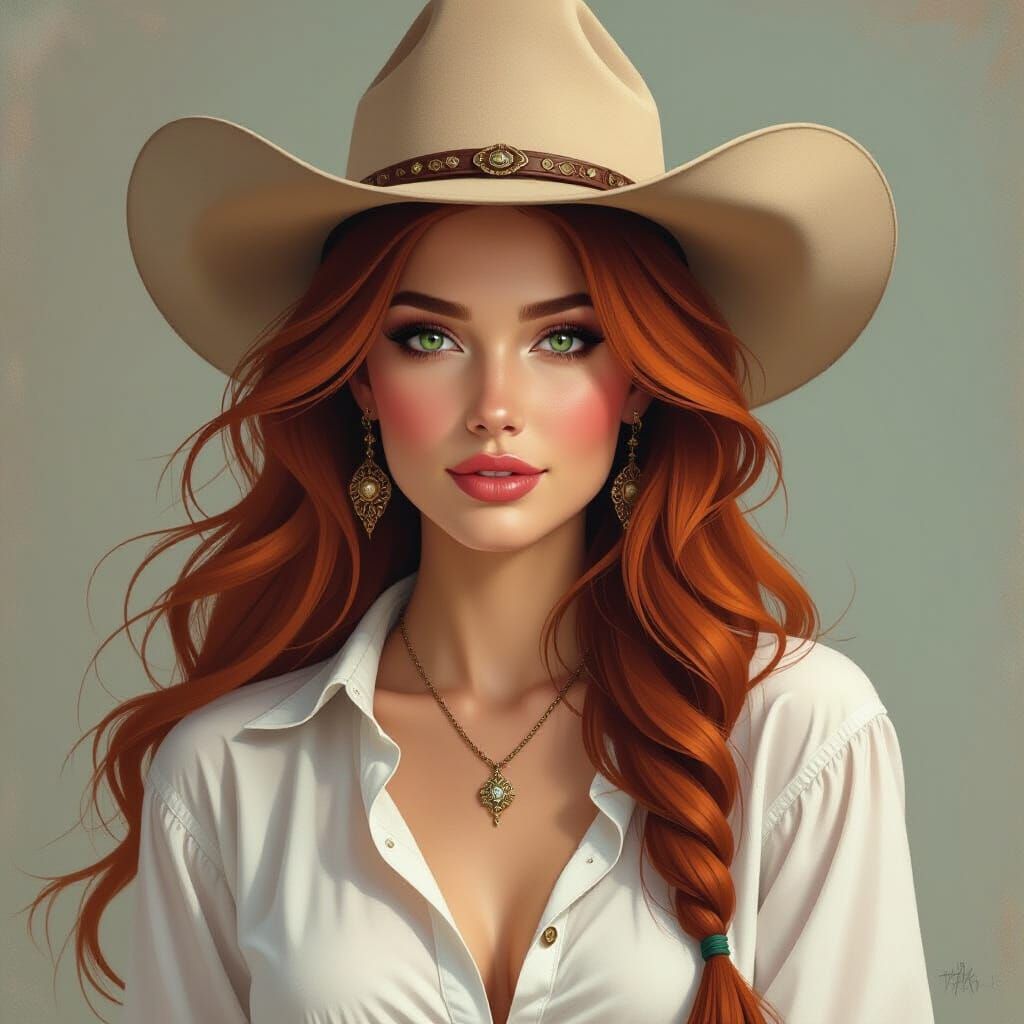 Norse Woman in Cowboy Hat, Realistic Splash Art
