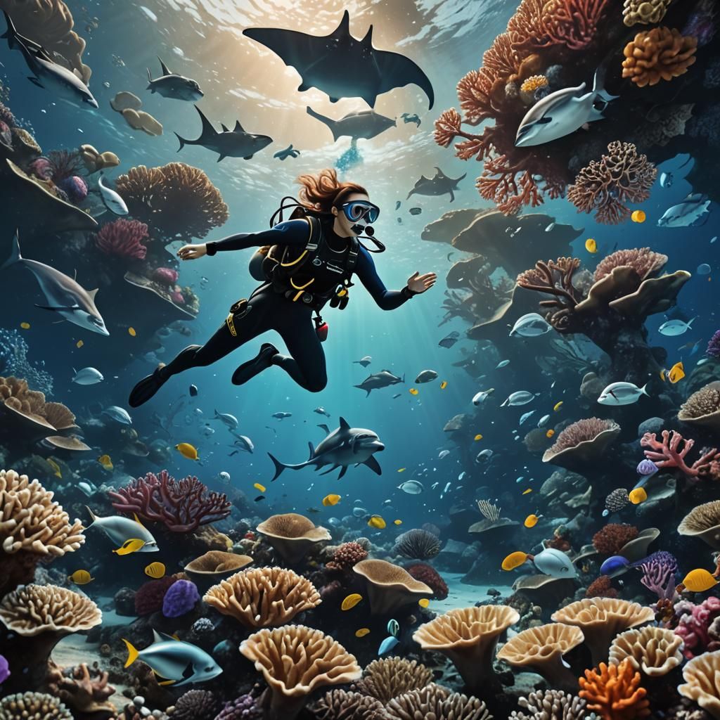 Scuba Diver with Manta Rays in Coral Reef