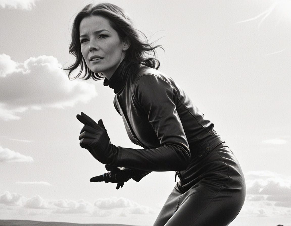 Daring Spy Lady Emma Peel in Cinematic Black Leather Regalia