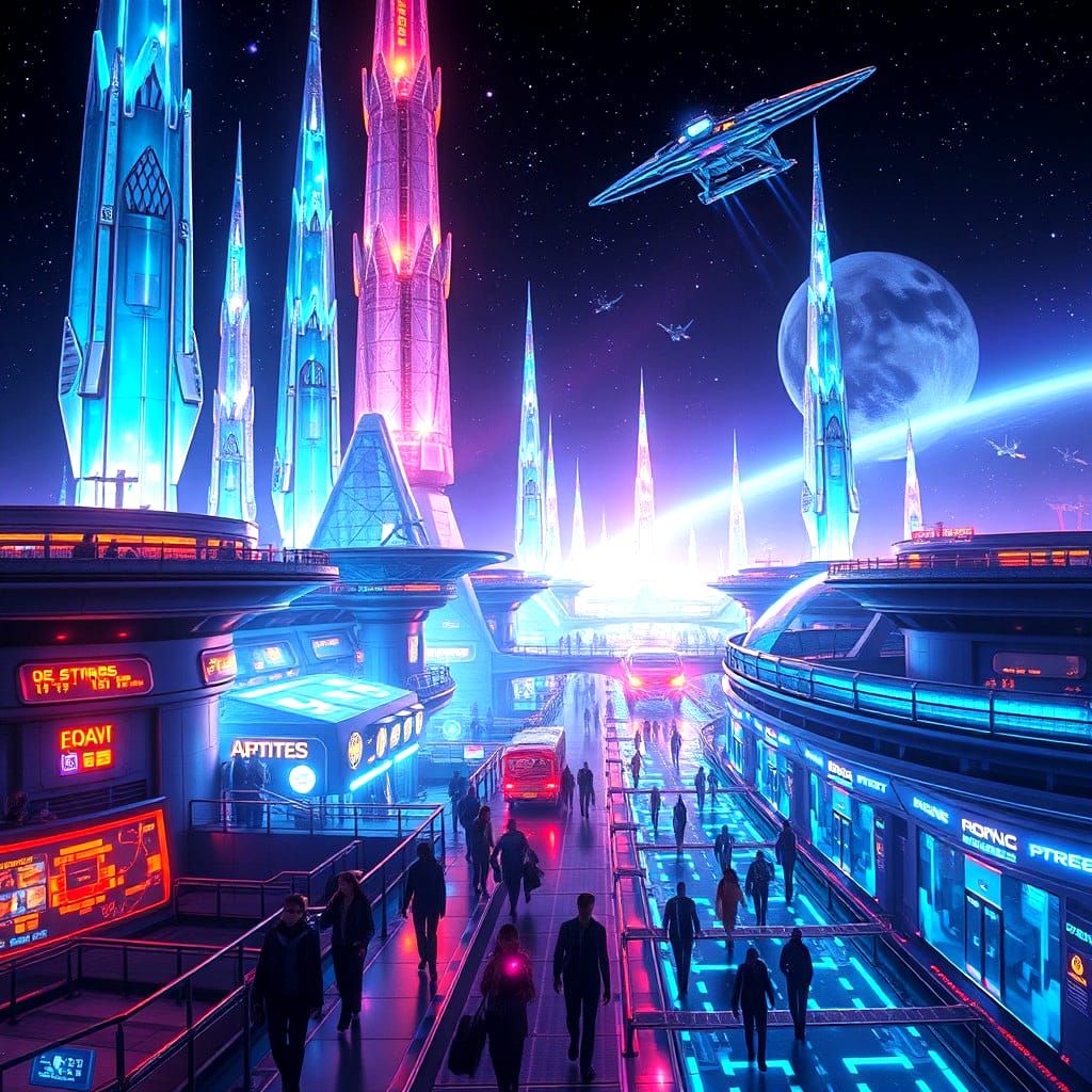 Epic Cyberpunk Spaceport at Night