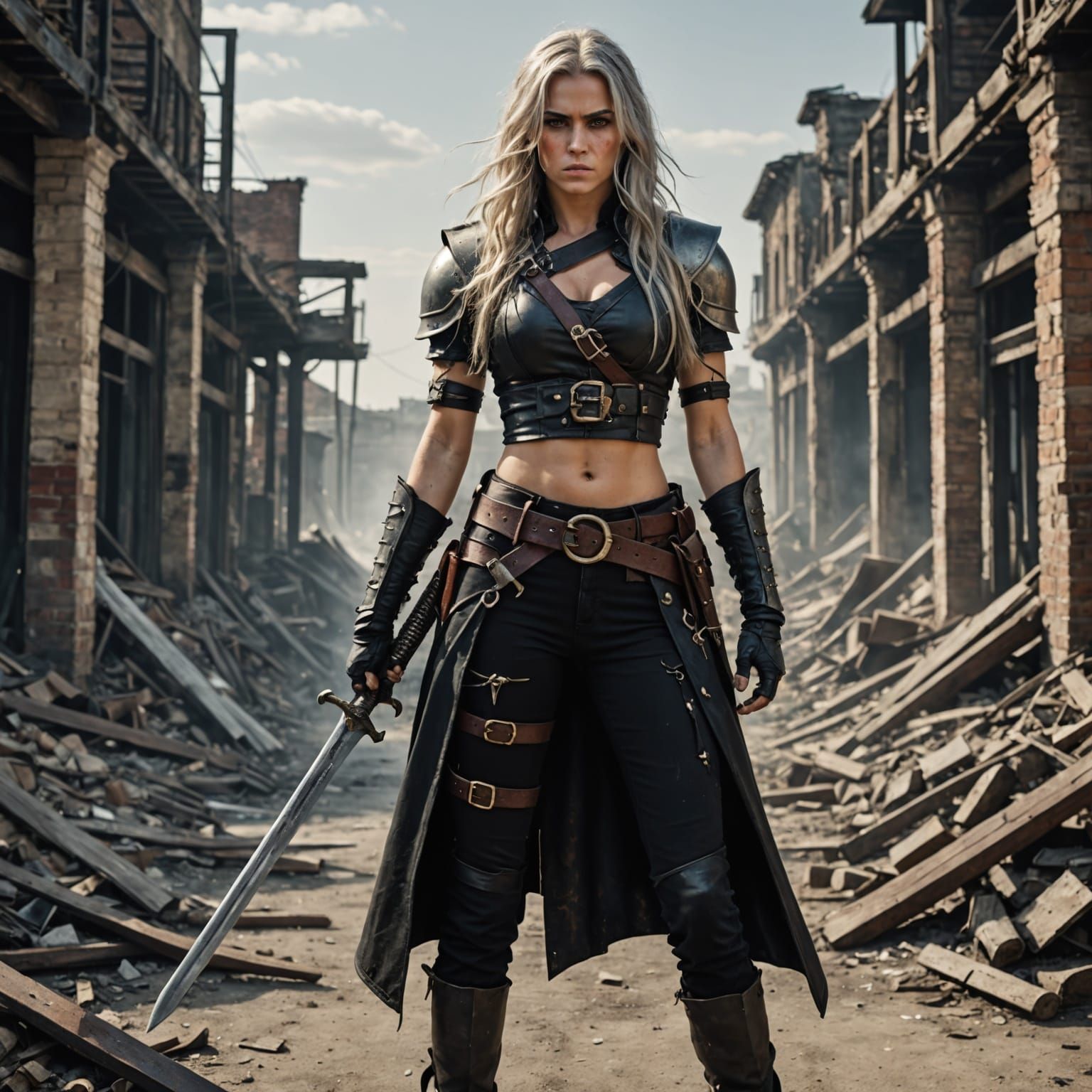 Post-Apocalyptic Warrior in Cyberpunk Style Alleyway