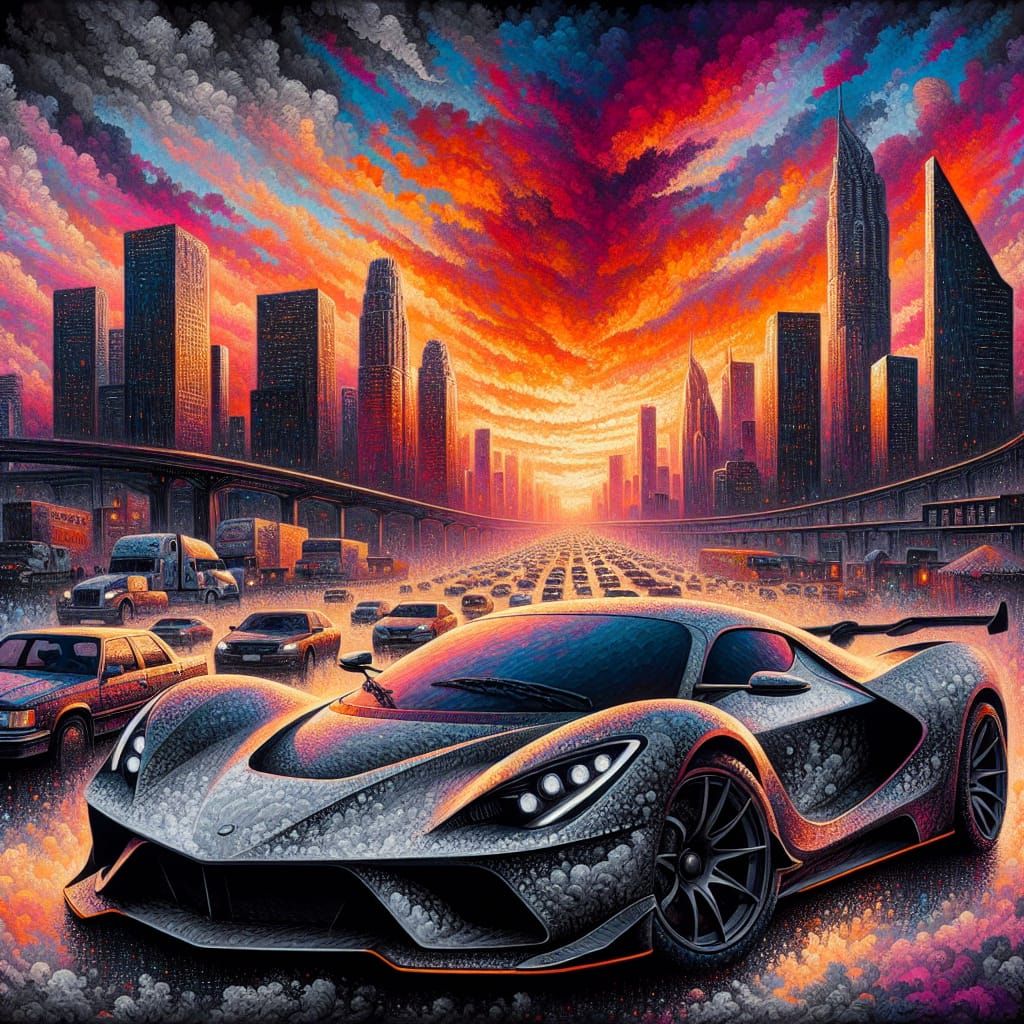 Wolf Sports Car in City at Sunset, Digital Art