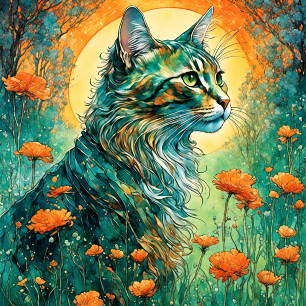 Cat on Green Lawn in Cosmic Holographic Style