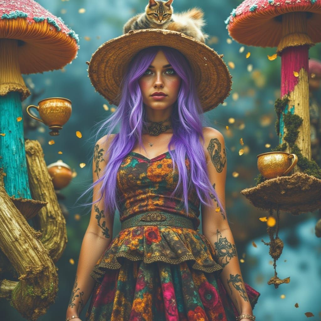 Whimsical Woman Among Giant Mushrooms in Dreamy Painterly St...