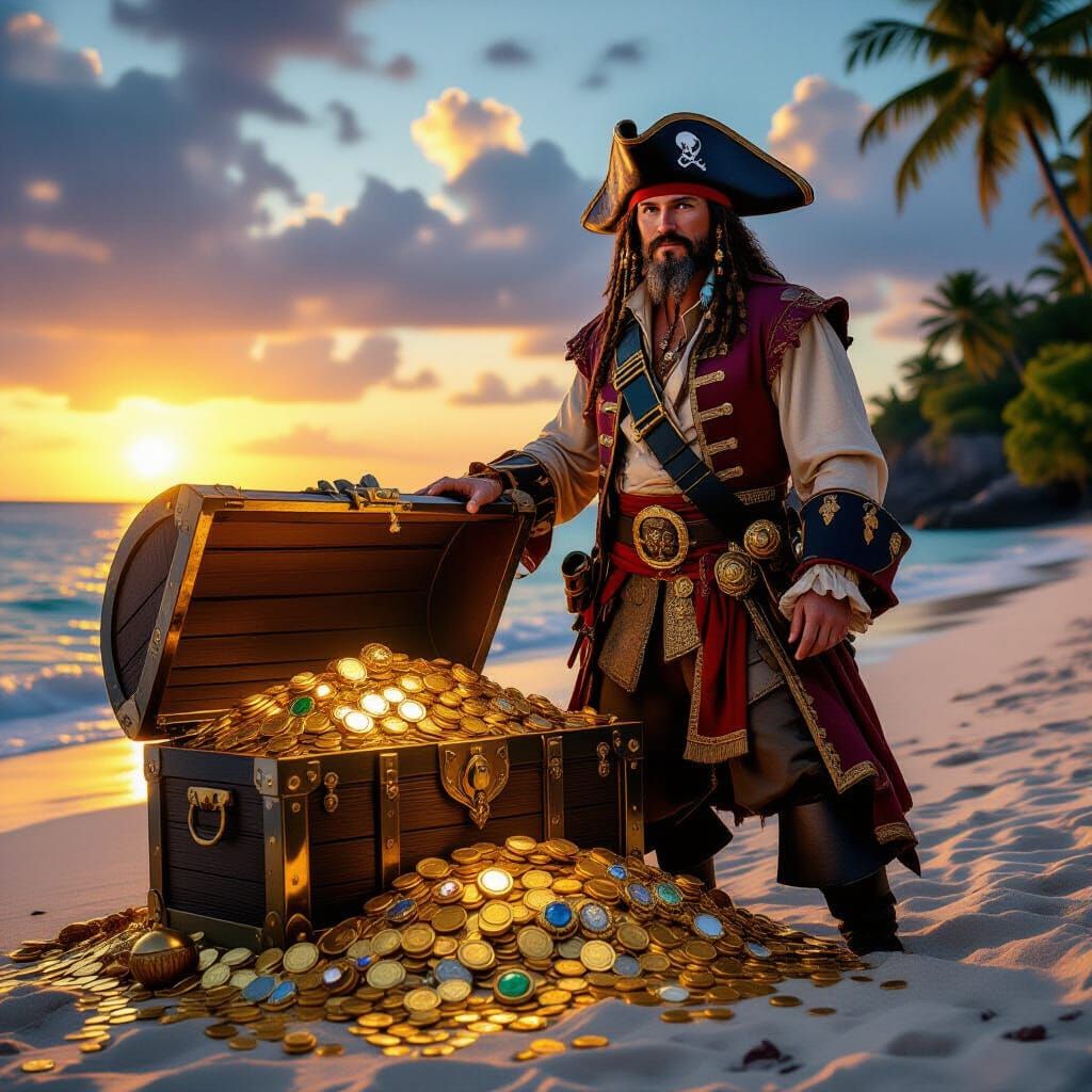 Pirate Captain and Treasure Chest at Sunset