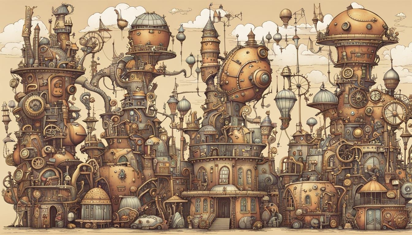 Surreal Steampunk Cityscape with Whimsical Creatures