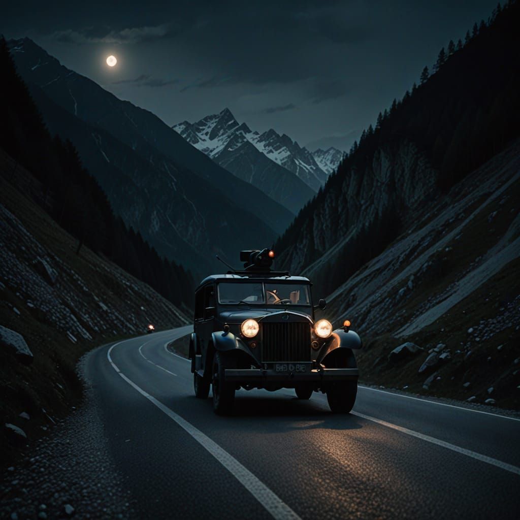 Film Noir Armoured Car Under Grey Moonlit Alps
